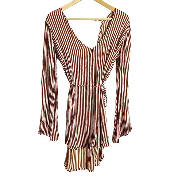 Faithfull the Brand Neroli Brown White Striped Long Sleeve Mini Dress Size XS